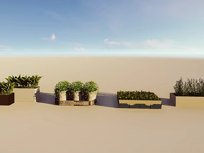 Bonsai Potted Plants Arranged In Different Containers On Outdoor Terrace With Green Foliage 3d model