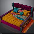 Plush Purple Headboard Bed With Orange Mattress Colorful Pillows And Red Orange Rug