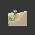 Intricate Terrain Model Featuring Central Tower Waterfalls Flowing River And Green Vegetation