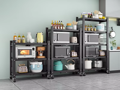 Wheeled Metal Kitchen Storage Rack With Microwave Oven Cookware And Jar Storage 3d model