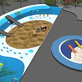 Outdoor Kids Water Playground With Pool Slides Sandpit And Green Trees