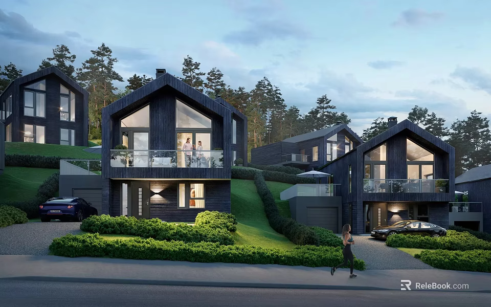 Modern Detached Villa With Dark Exterior Large Glass Windows Green Lawn And Trees 3d model 