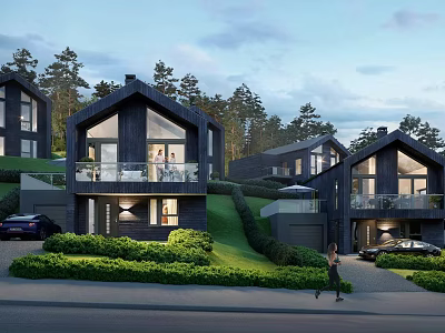 Modern Detached Villa With Dark Exterior Large Glass Windows Green Lawn And Trees 3d model