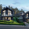 Modern Detached Villa With Dark Exterior Large Glass Windows Green Lawn And Trees