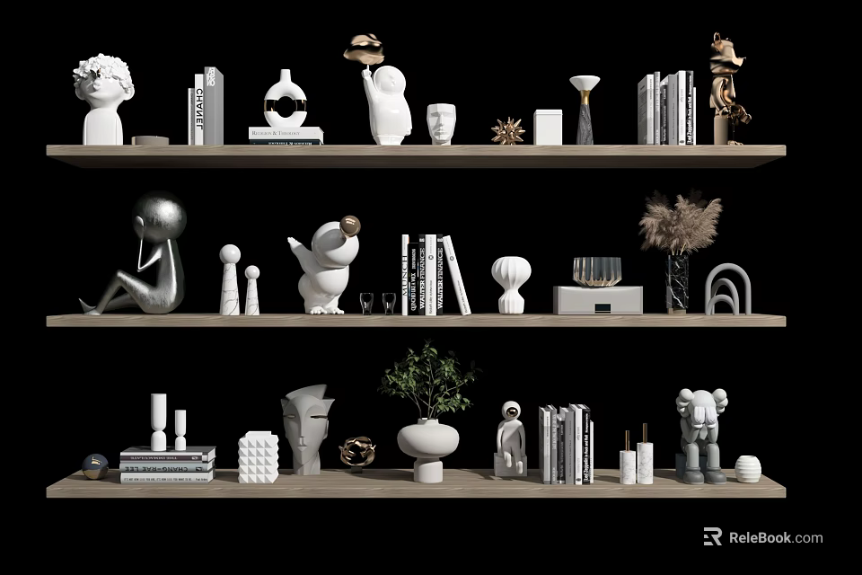 Modern Decorative Ornament Combination With Sculptures Vases Books And Plants On Shelves 3d model 