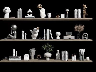 Modern Decorative Ornament Combination With Sculptures Vases Books And Plants On Shelves 3d model