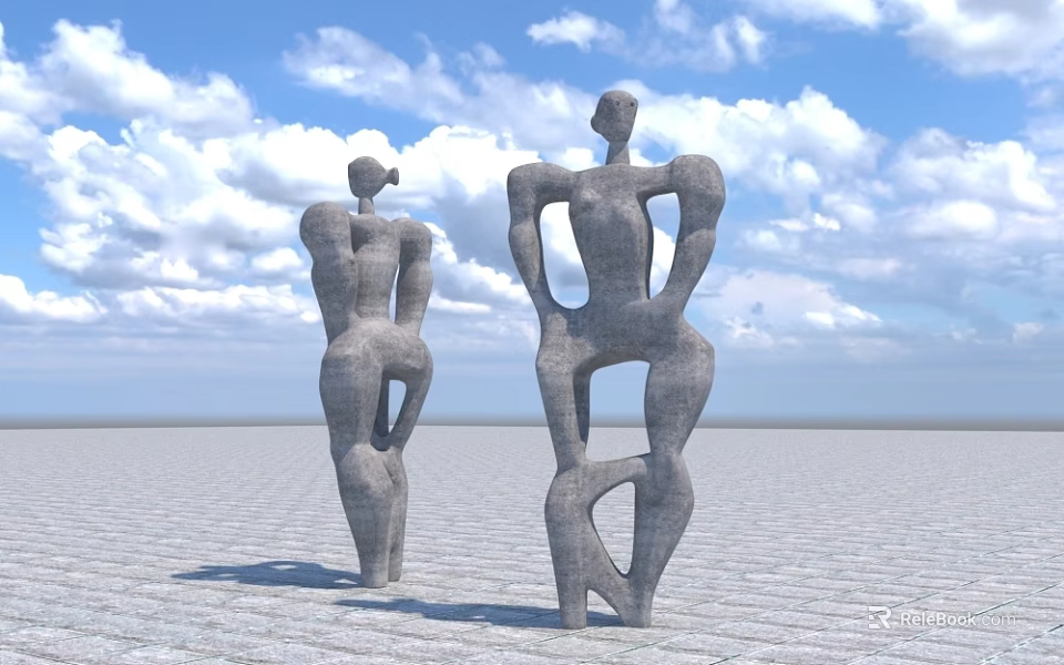 Abstract Human Form Stone Sculptures Two Standing Against Blue Sky And Grid Ground 3d model 