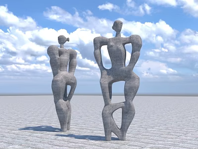 Abstract Human Form Stone Sculptures Two Standing Against Blue Sky And Grid Ground 3d model
