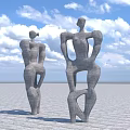 Abstract Human Form Stone Sculptures Two Standing Against Blue Sky And Grid Ground