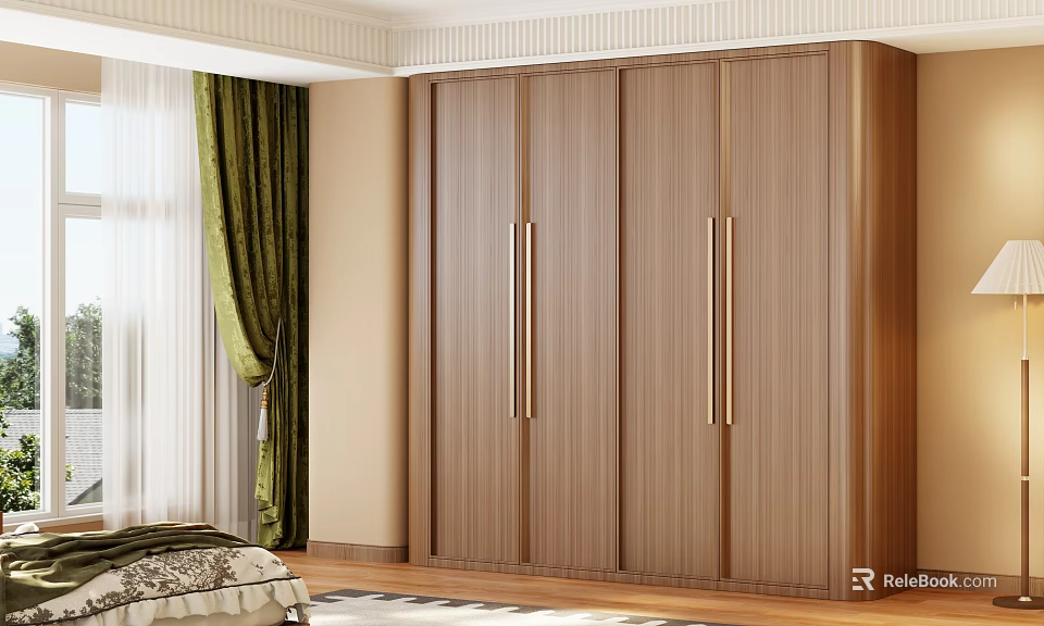 Wooden Wardrobe With Metal Handles In Bedroom With Green Curtains And Light Walls 3d model 