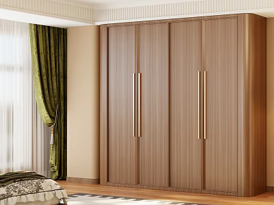 Wooden Wardrobe With Metal Handles In Bedroom With Green Curtains And Light Walls 3d model