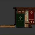 Small Brown Wooden Bookcase With Colorful Books And Stacked Volumes On Dark Table