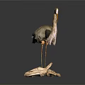 Detailed Gray Heron Sculpture With Long Yellow Beak And Wooden Base