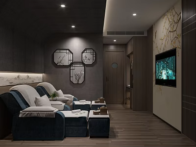 Modern SPA Sauna Room Interior With Comfortable Sofas Decorative Paintings And TV Screen 3d model