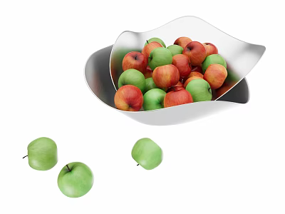 Fresh Red and Green Apples in Silver Bowl with Three Apples Outside 3d model