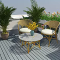 Beautiful Roof Garden with Green Plants Flower Baskets Wooden Floor Bench and Lantern Light
