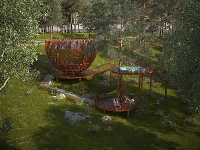 Unique Spherical Wooden House in Forest with Trees Grass Walkway and Pool Platform 3d model