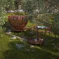 Unique Spherical Wooden House in Forest with Trees Grass Walkway and Pool Platform