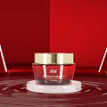 Luxury Red Cosmetic Jar With Gold Lid And Beauty Label On Shiny Wavy Surface