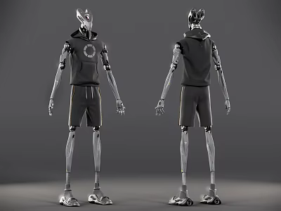 Game and Movie Character Robot with Silver Metallic Wearing Black Hoodie Shorts Front Back Views 3d model