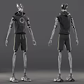 Game and Movie Character Robot with Silver Metallic Wearing Black Hoodie Shorts Front Back Views