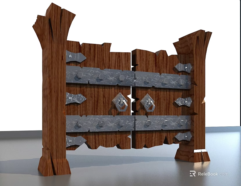Rustic Wooden Gate Featuring Solid Wood Planks And Metal Decorative Straps 3d model