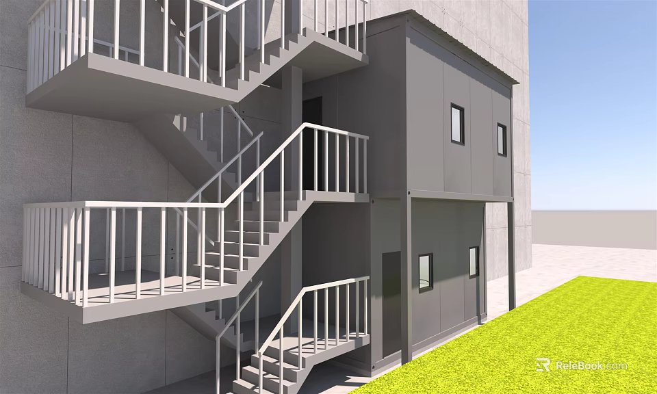 Modern Multi Storey Container Building With Staircase Railing Windows And Grass Area 3d model