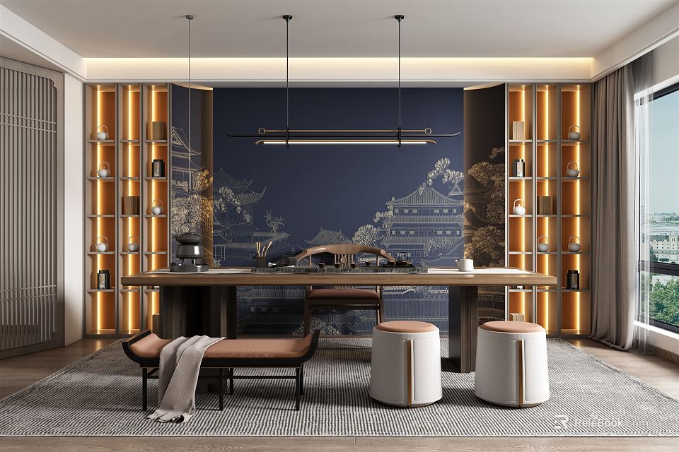 Traditional Tea Room Interior Design With Wooden Table Decorative Wall Art And Soft Lighting 3d model 