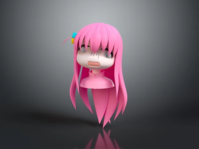 Cute Cartoon Character 3D Head Model With Pink Long Hair And Colorful Hair Accessory 3d model