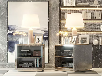 Modern Nightstands With Table Lamps Books Photo Frames Artwork Against Marble Wall And Bookshelf 3d model