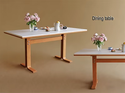 Simple Dining Table With Wooden Legs White Top And Pink Flowers On Tea Set 3d model