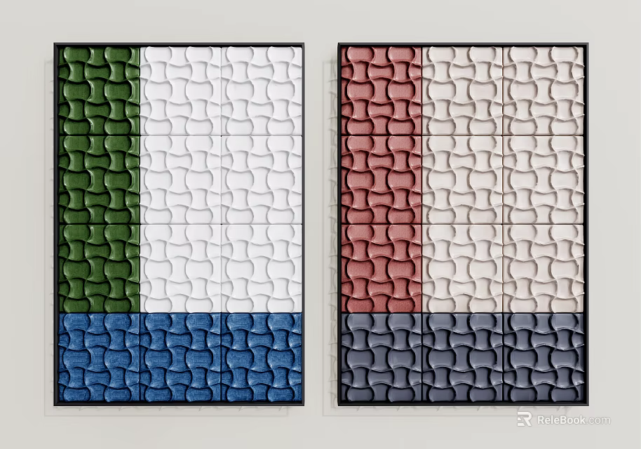 Two Panel Abstract Textured Wall Art with Green White Blue and Red White Grey Sections 3d model