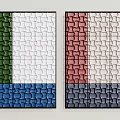 Two Panel Abstract Textured Wall Art with Green White Blue and Red White Grey Sections 3d model