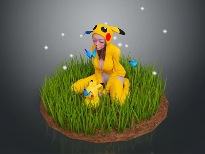 Person in Pikachu Costume with Small Pikachu Figure on Grass with Butterflies and Glowing Spots 3d model