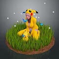 Person in Pikachu Costume with Small Pikachu Figure on Grass with Butterflies and Glowing Spots