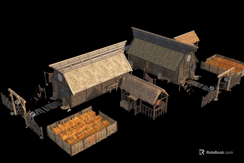 Traditional Wooden Houses With Thatched Roofs Surrounding Storage Bins And Small Outbuildings 3d model 
