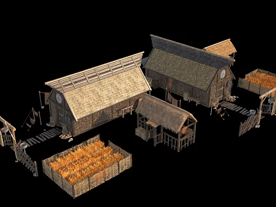 Traditional Wooden Houses With Thatched Roofs Surrounding Storage Bins And Small Outbuildings 3d model