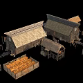 Traditional Wooden Houses With Thatched Roofs Surrounding Storage Bins And Small Outbuildings