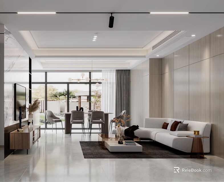 Modern Open Concept Living Dining Room Interior With Sofa Coffee Table And Dining Chairs 3d model