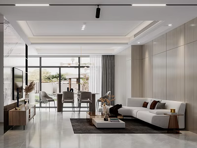 Modern Open Concept Living Dining Room Interior With Sofa Coffee Table And Dining Chairs 3d model