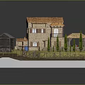 Cartoon Village Scene With Brown Roof House Small Cottage Fenced Path Green Grass And Trees