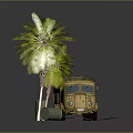 Vintage Truck With Canvas Cover Near Palm Trees Green Oil Drums On Sandy Ground