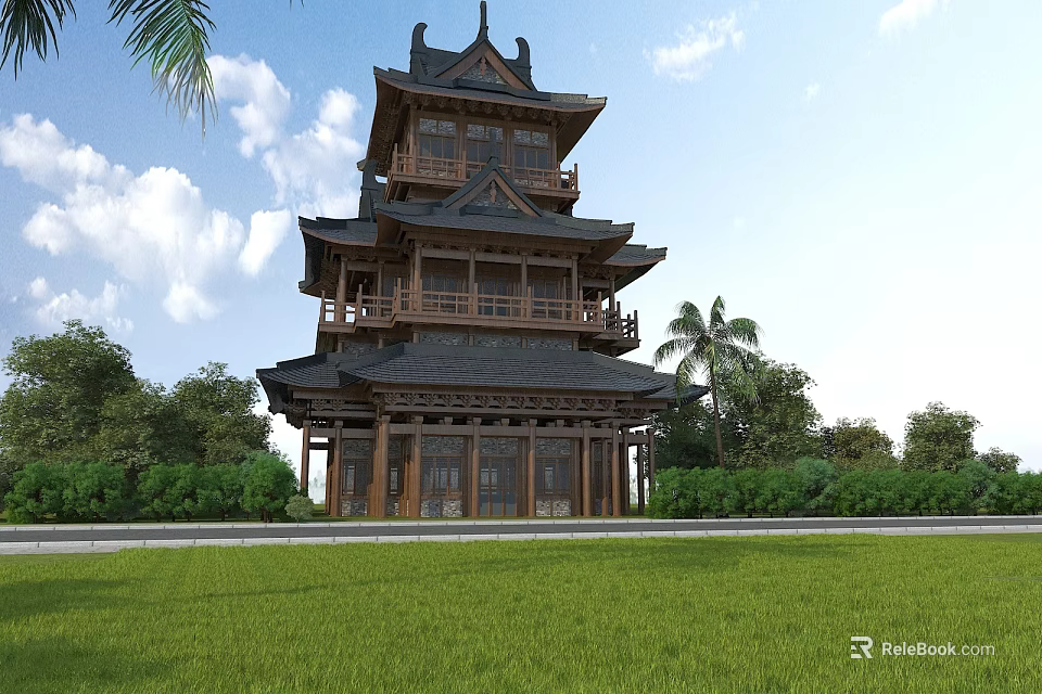 Traditional Chinese Wooden Tower With Multi Tiered Black Tiled Roof Overhanging Eaves And Green Lawn 3d model 
