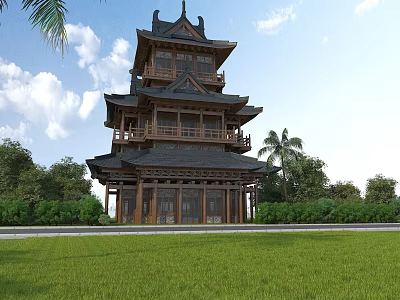 Traditional Chinese Wooden Tower With Multi Tiered Black Tiled Roof Overhanging Eaves And Green Lawn 3d model