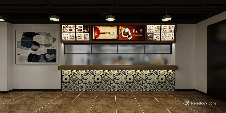 Modern Restaurant Counter Interior With Menu Display Boards And Decorative Tiles 3d model 