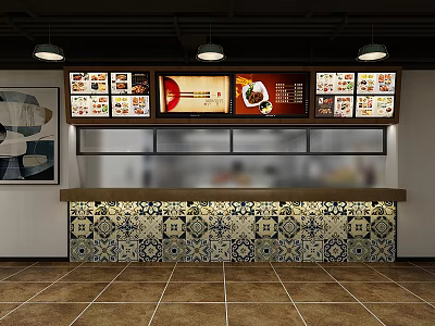 Modern Restaurant Counter Interior With Menu Display Boards And Decorative Tiles 3d model