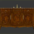 Traditional Wooden Bathroom Vanity With Marble Countertop And Carved Brass Fixtures