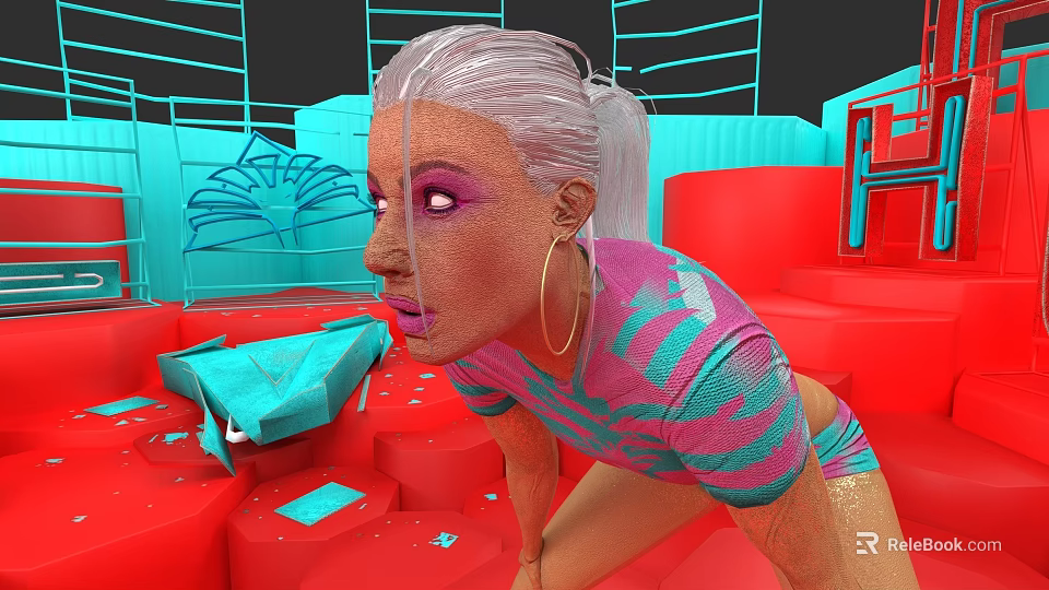 Woman in pink blue striped top with silver gray ponytail purple eyeshadow gold hoop earrings 3d model 