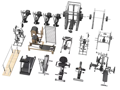 Variety of Fitness Equipment with Treadmill Dumbbells Rowing Machine Weight Bench and Racks 3d model