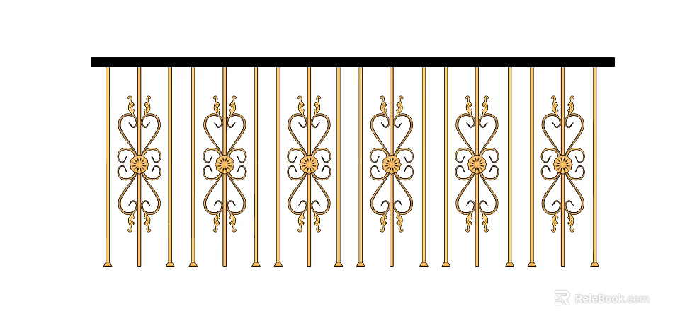 Decorative Golden Wrought Iron Fence Featuring Intricate Floral Design Patterns 3d model 
